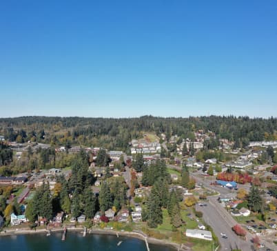 Aerial view of Kingston's harbor and marina wrapped in evergreen forest